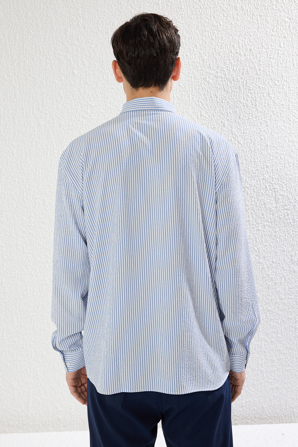 Oversized Striped Seersucker Flexible Comfortable Fabric Knit Shirt TMNSS25GO00024