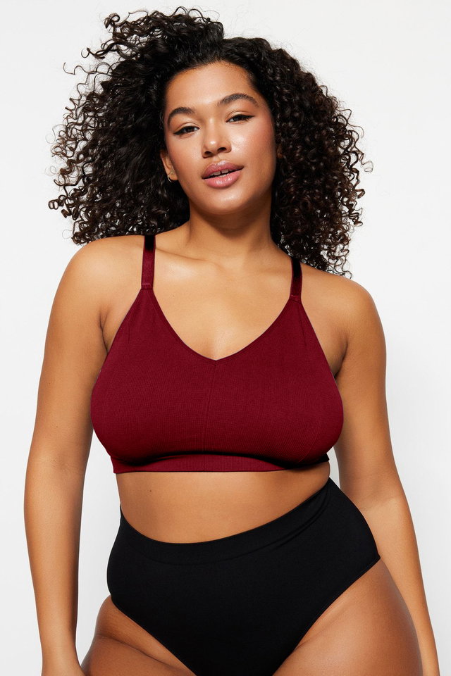 Bordeaux - Grey Strap Seamless/Seamless Wire Free Cupless Stretchy Bralette Knitted Plus Size Bra Tbbss23Cw00001