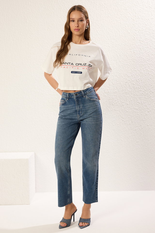Blue - Light Blue Cut-Out High Waist Straight Jeans TWOAW25JE00307
