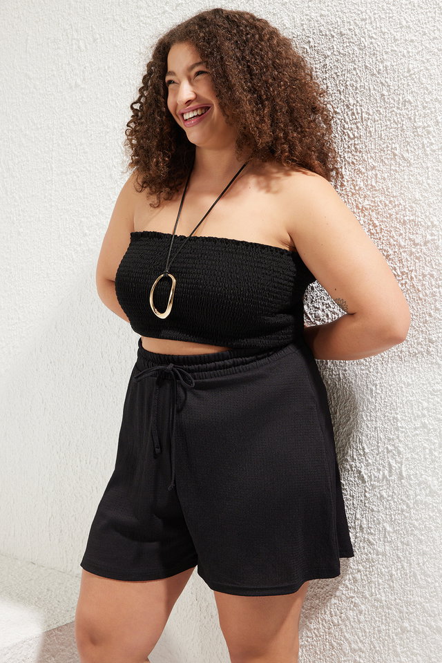 Black - Brown Elastic Waist Plus Size Knitted Shorts TBBSS22AP00002