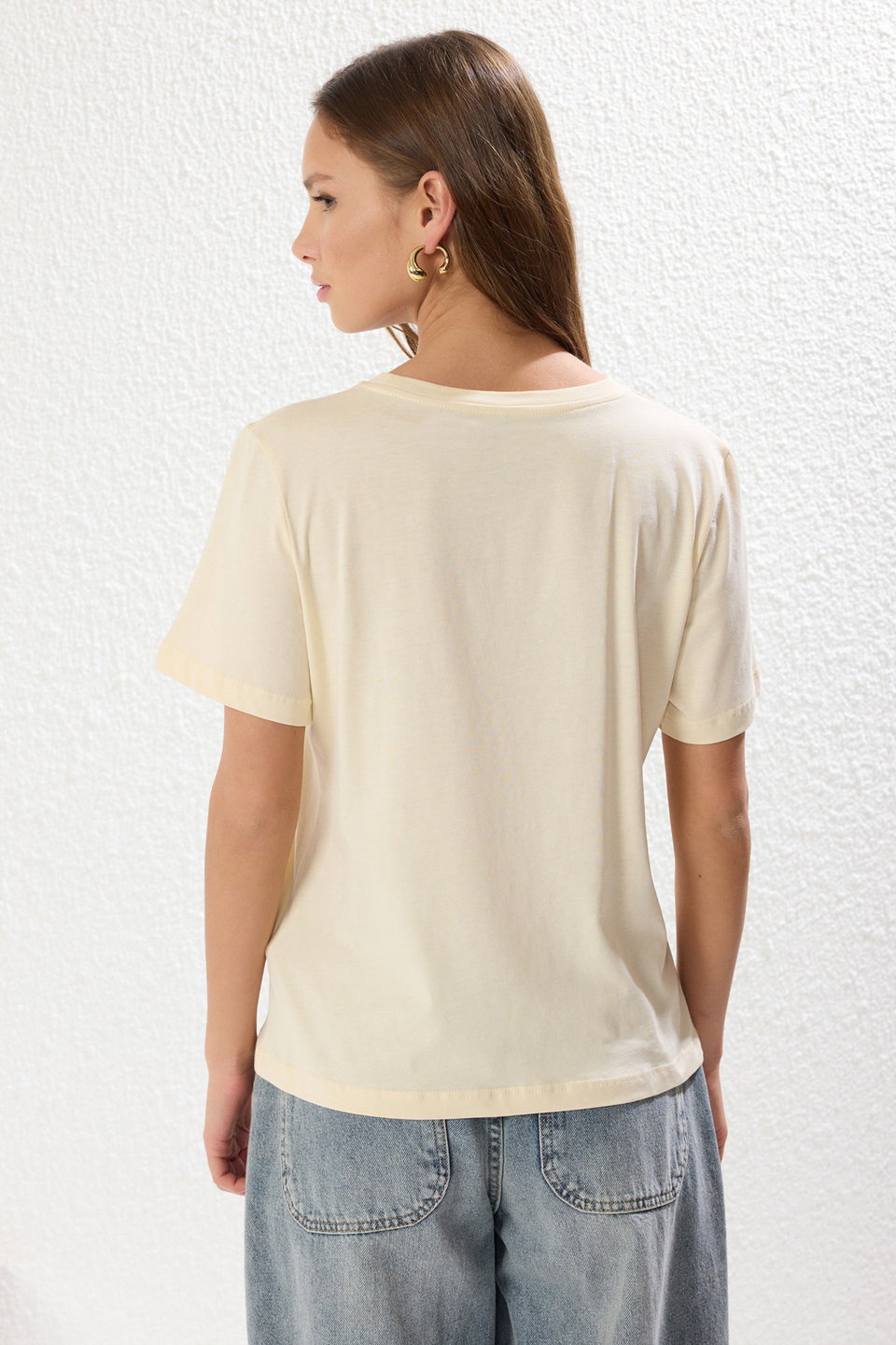100% Cotton Accessory Flower Detailed Regular/Normal Pattern Knitted T-Shirt TWOSS25TS00026