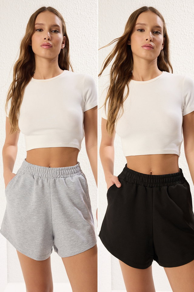 Grey Melange- Black - Grey Melange- Black 2-Pack Relaxed/Comfortable Fit Short Flexible Knitted Shorts & Bermuda TWOSS25SR00084