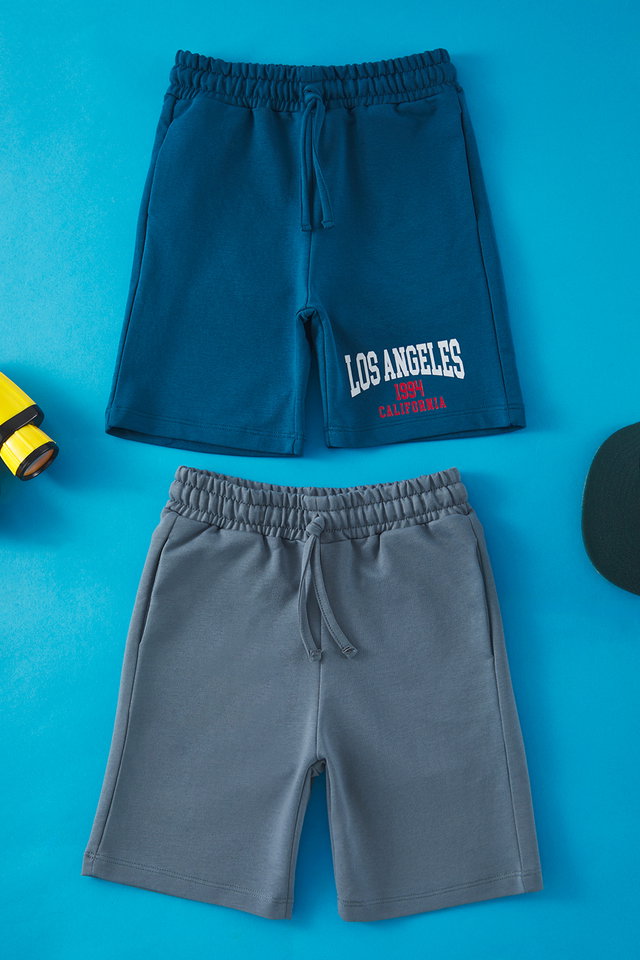 Anthracite-Blue - Baby Blue-Navy Blue 2-Pack Boys Cotton Printed Knitted Shorts TKDSS25SR00004
