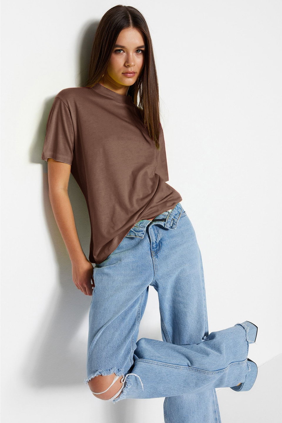 100% Cotton Basic Regular/Normal Pattern Stand Collar Knitted T-Shirt TWOAW20TS0096