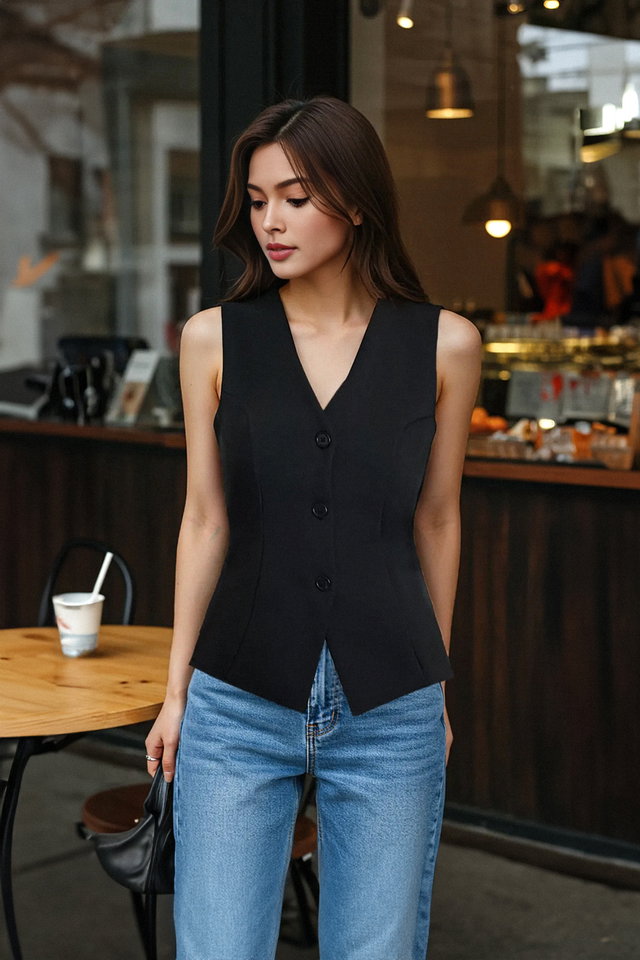 Black - Black Plain Regular/Normal Length V Neck Buttoned Flexible Knitted Vest TWOAW25YE00091
