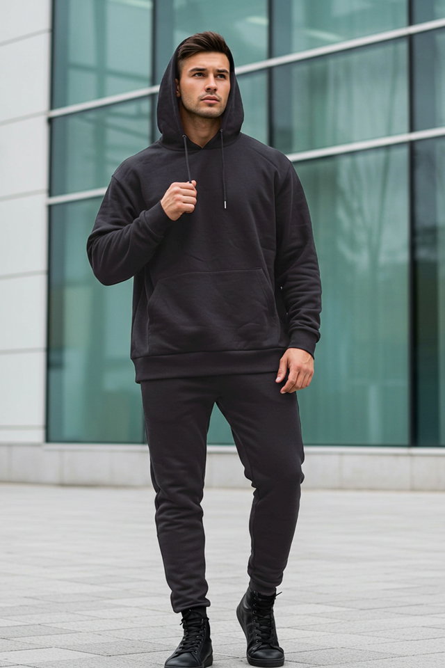 Anthracite - Stone Oversize/Wide Cut Hooded Fleece Inside/Warm Sweatshirt Tracksuit TMNAW24EM00002