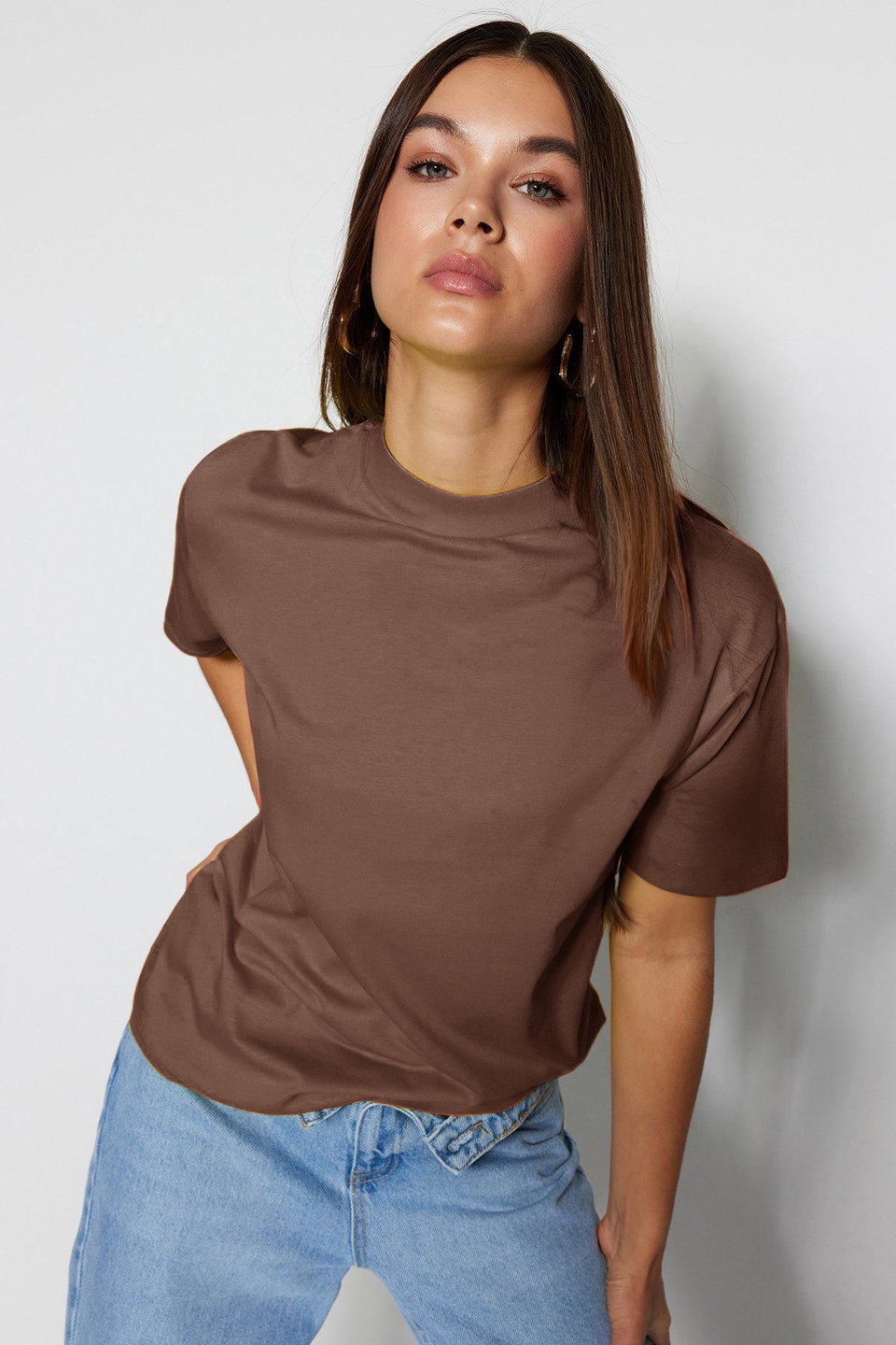 100% Cotton Basic Regular/Normal Pattern Stand Collar Knitted T-Shirt TWOAW20TS0096