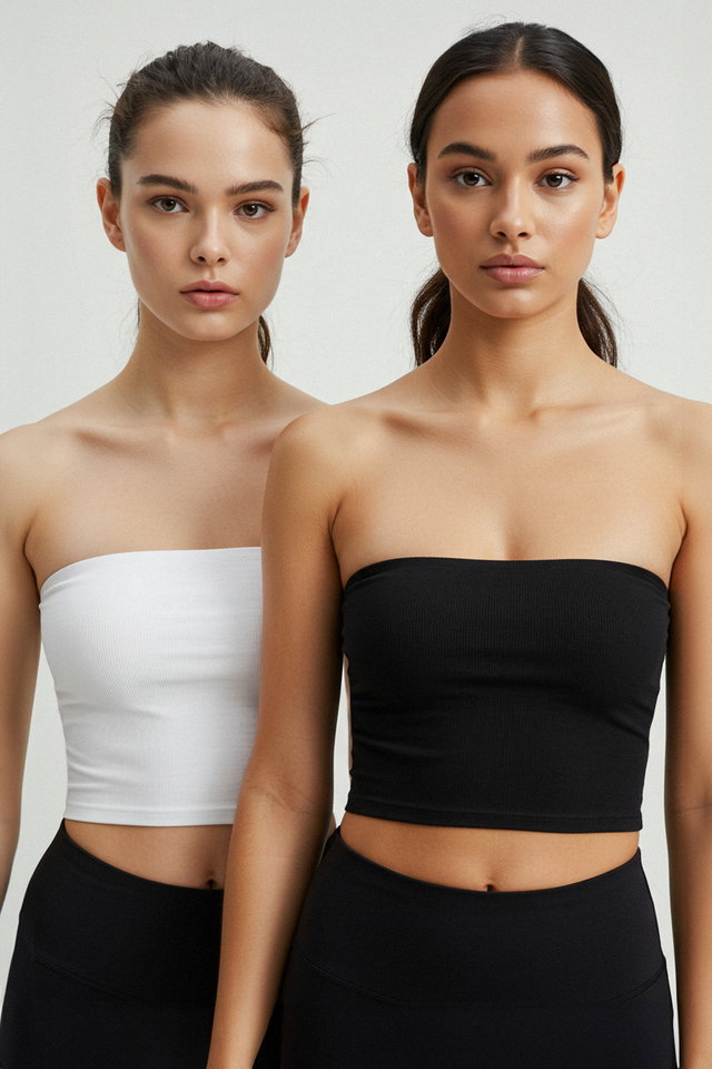 Black White - Stone-Brown 2-Pack Seamless/Seamless Ribbed Strapless Knitted Sports Bra TWOSS21SS0061