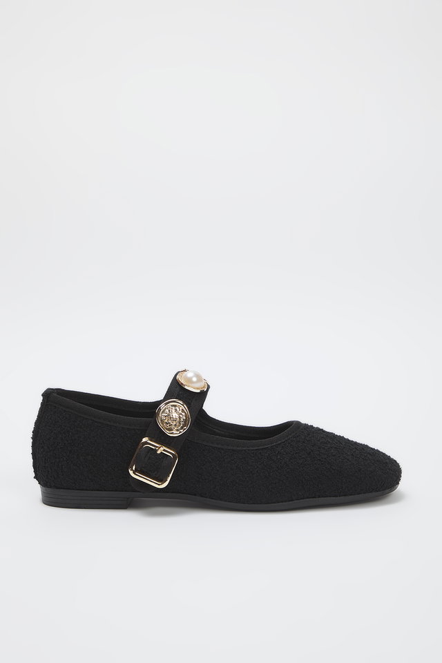 Black - Brown Buckled Accessory Detail Round Toe Tweed Mary Jane Women's Ballerina TAXSS25BE00011