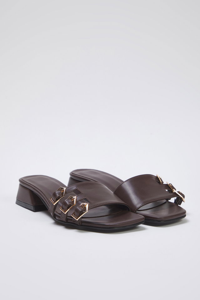 Brown - Brown Gold Buckled Block Heel Women's Heeled Slippers TAXSS25TO00036