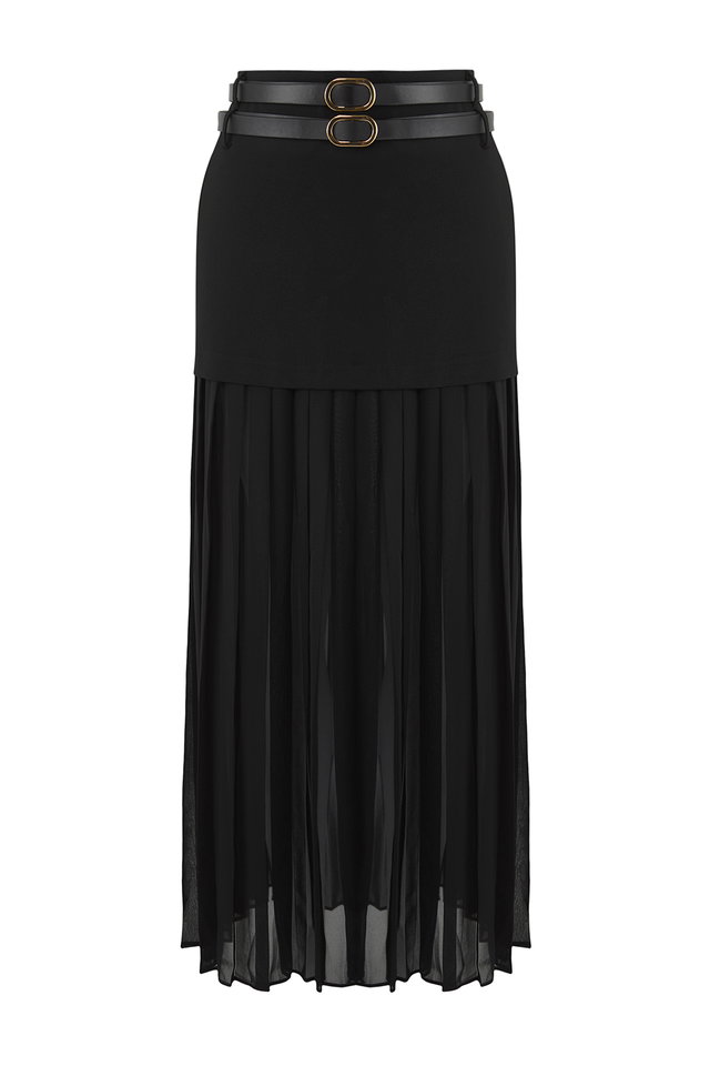 Black - Limited Edition Black Chiffon Pleated Belted Woven Skirt Twoss25Et00108