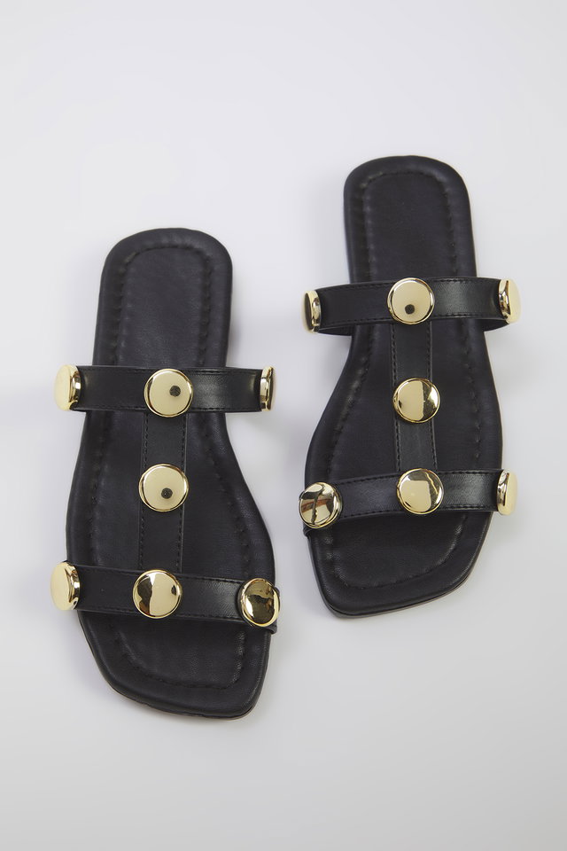 Black - Black Gold Accessory Detail Square Toe Stylish Women's Slippers TAXSS25TE00012