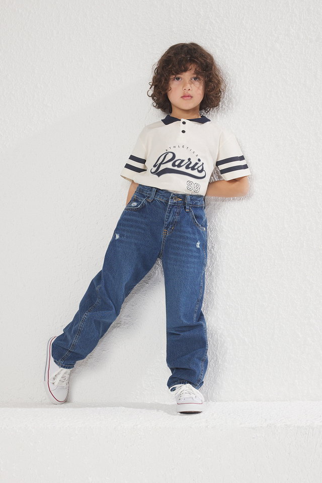 Medium Blue-5001 - Dark Blue Boy's Baggy Cotton Adjustable Elastic Denim Pants Jean TKDSS24PL00005