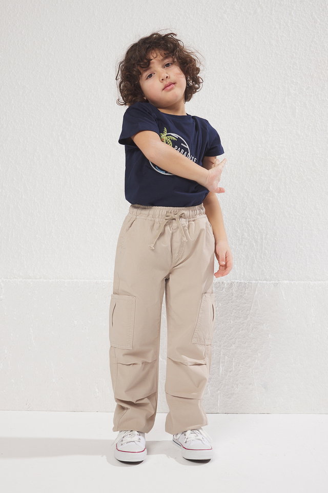 Beige - Navy Blue 100% Cotton Boy's Pocket Detailed Adjustable Elastic Denim Trousers TKDSS25PL00005