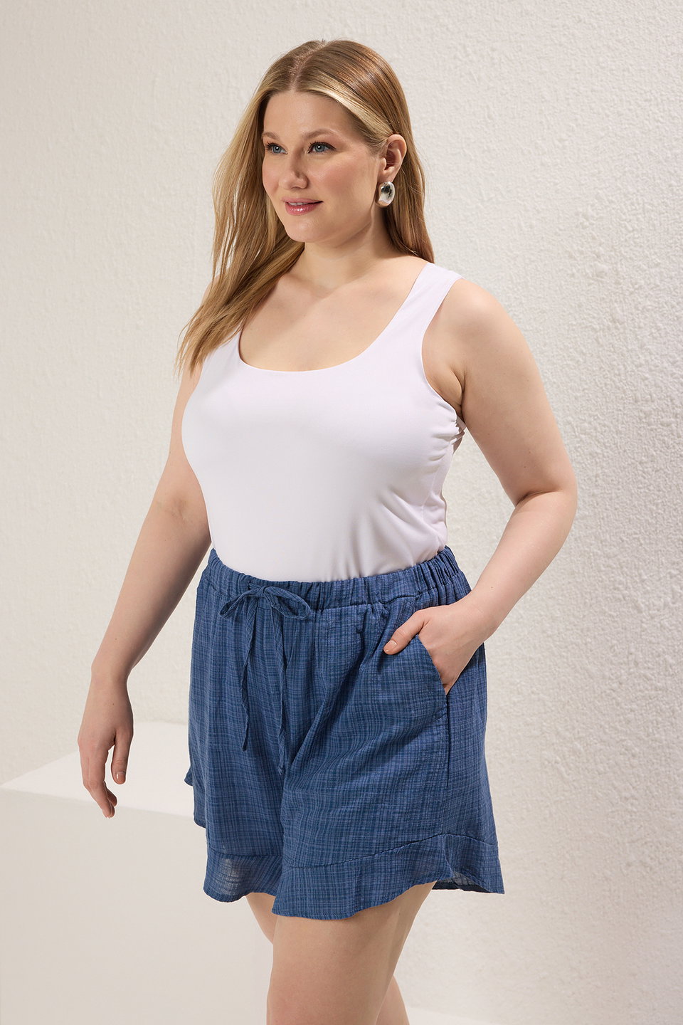 Wide Leg Linen Look Plus Size Shorts & Bermuda TBBSS25AP00010