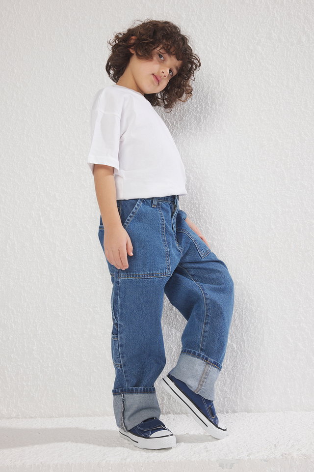 Medium Blue-5001 - Medium Blue Boy High Waist 100% Cotton Regular Fit Elastic Denim Jean Pants TKDSS25JE00004