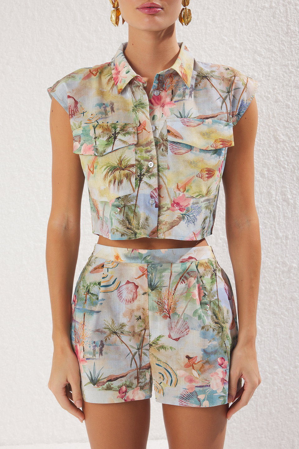 Flamed Cotton Shirt Shorts Beach Set TBESS25AU00055