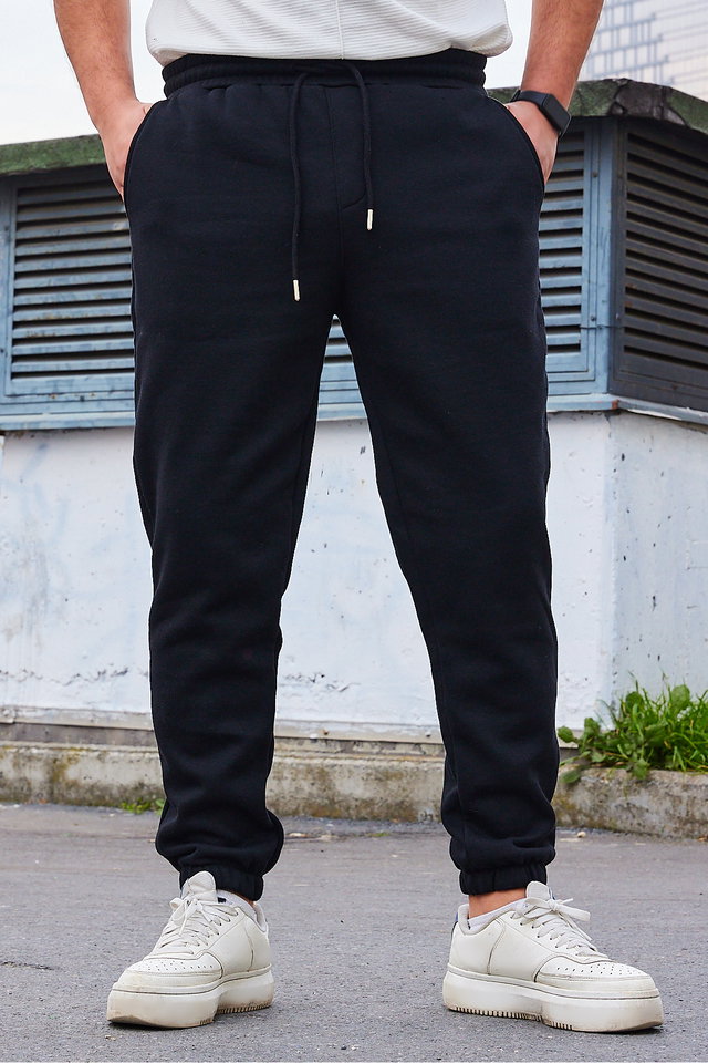 Black - Grey Unisex Regular/Normal Cut Leg Elasticated Polar Fleece/Warm Sweatpants TMNAW22EA0346