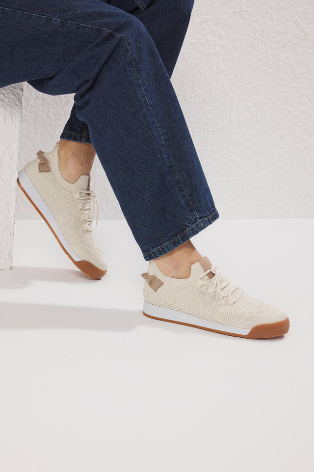Beige - Beige Knit Men's Lace-Up Walking Sneakers TAXSS25SN00017