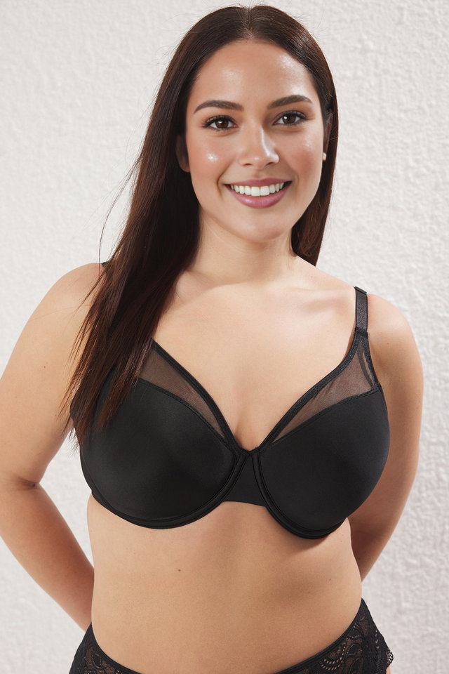 Black - Black Fixed Cup Mesh Lace Plus Size Bra TBBSS25CW00010