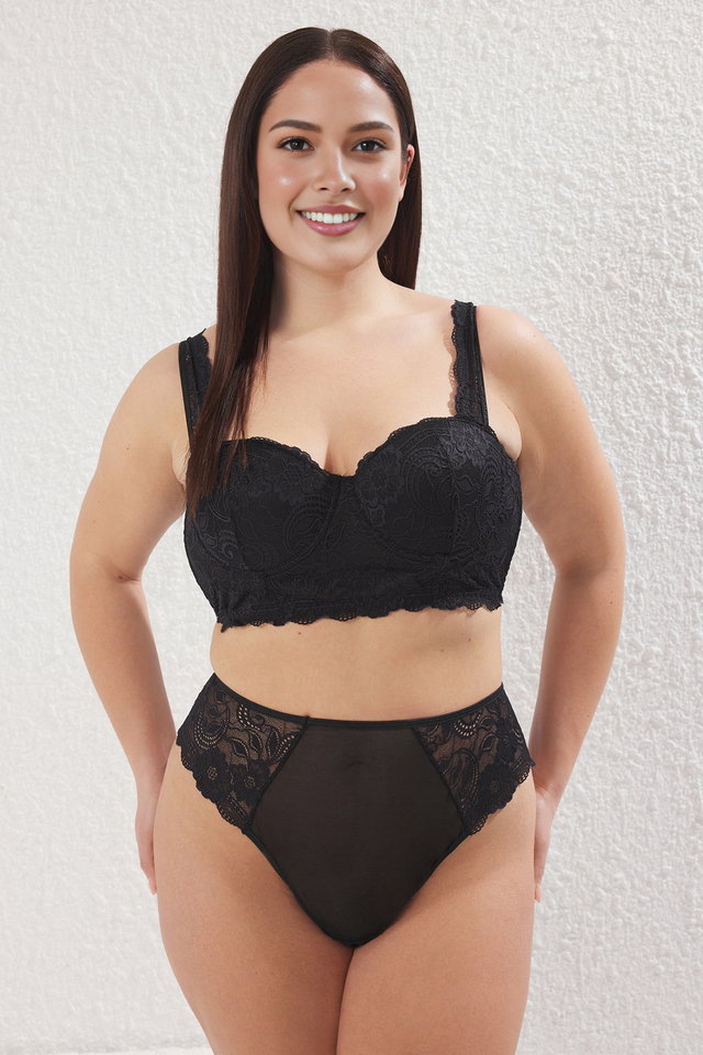 Black - Black Underwire Lace Fixed Cup Plus Size Bra & Panty Lingerie Set Tbbss25Dg00002
