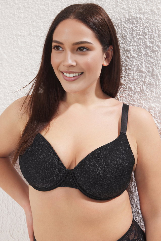 Black - Black Thick Strap Covered Glittery Non-Padded Plus Size Bra TBBSS25CW00009