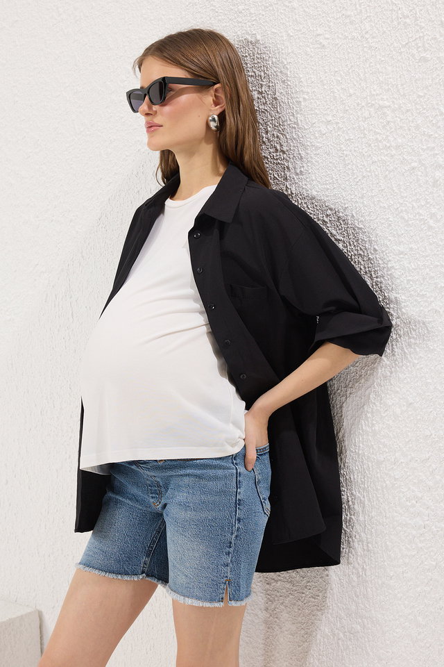 Light blue - Blue Side Elastic Maternity Denim Shorts TBBSS25AP00029