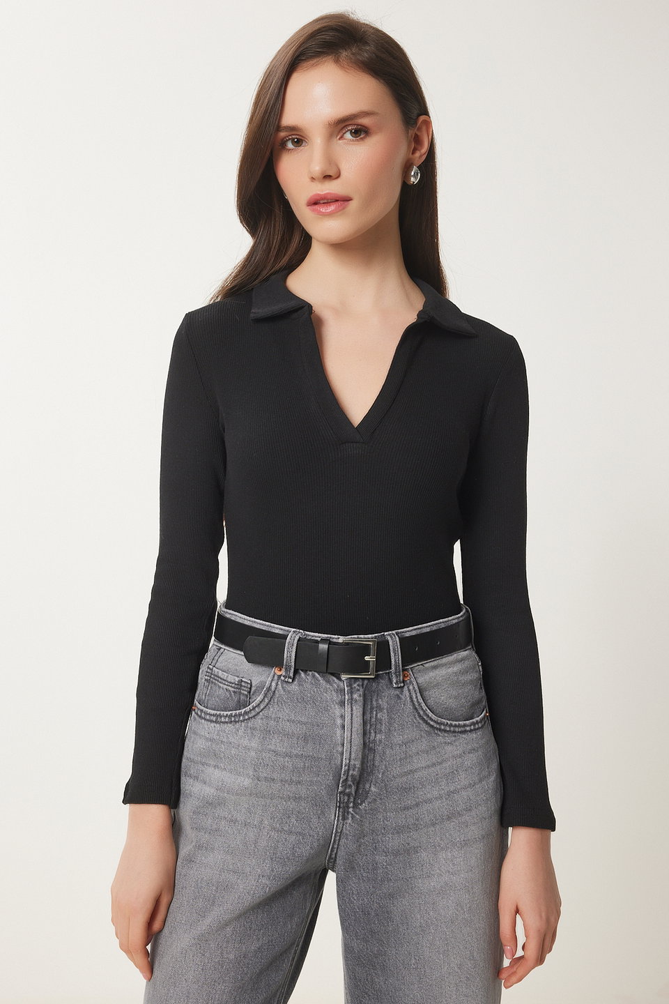 Women's Polo Neck Ribbed Knitted Blouse GT00111