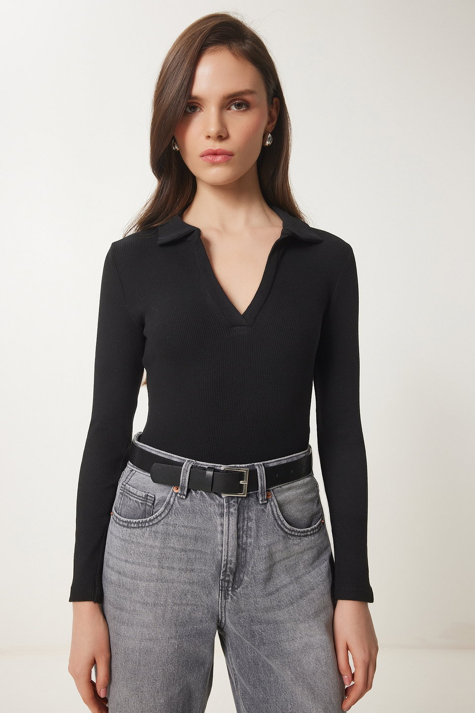 Women's Polo Neck Ribbed Knitted Blouse GT00111
