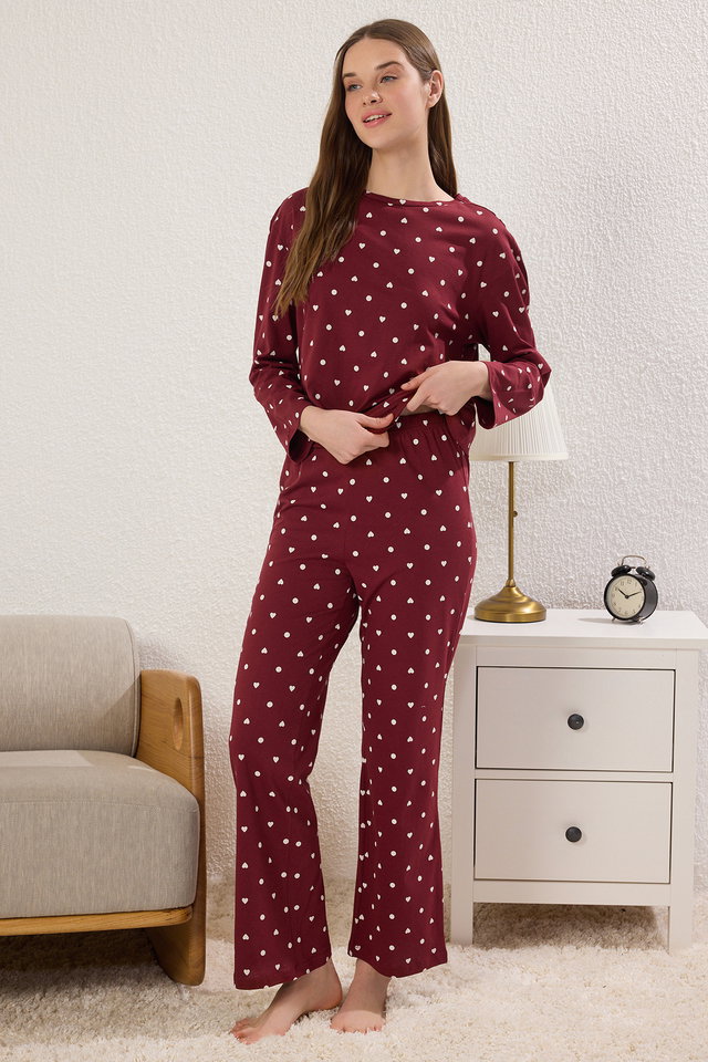 burgundy - Navy Blue 100% Cotton Polka Dot and Heart Knitted Pajama Set THMAW25PT00039
