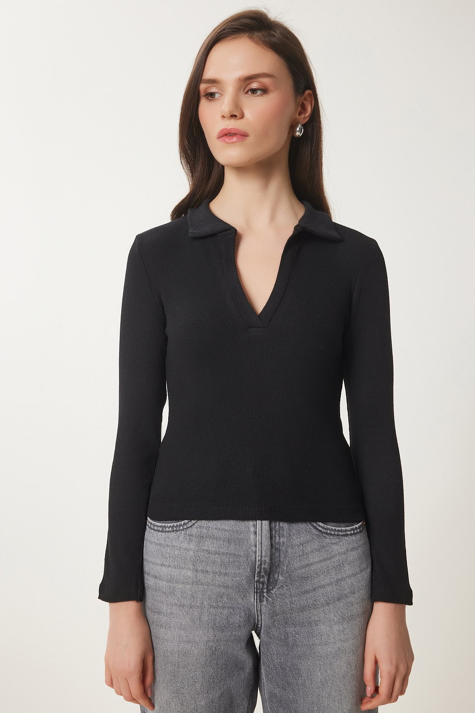 Women's Polo Neck Ribbed Knitted Blouse GT00111