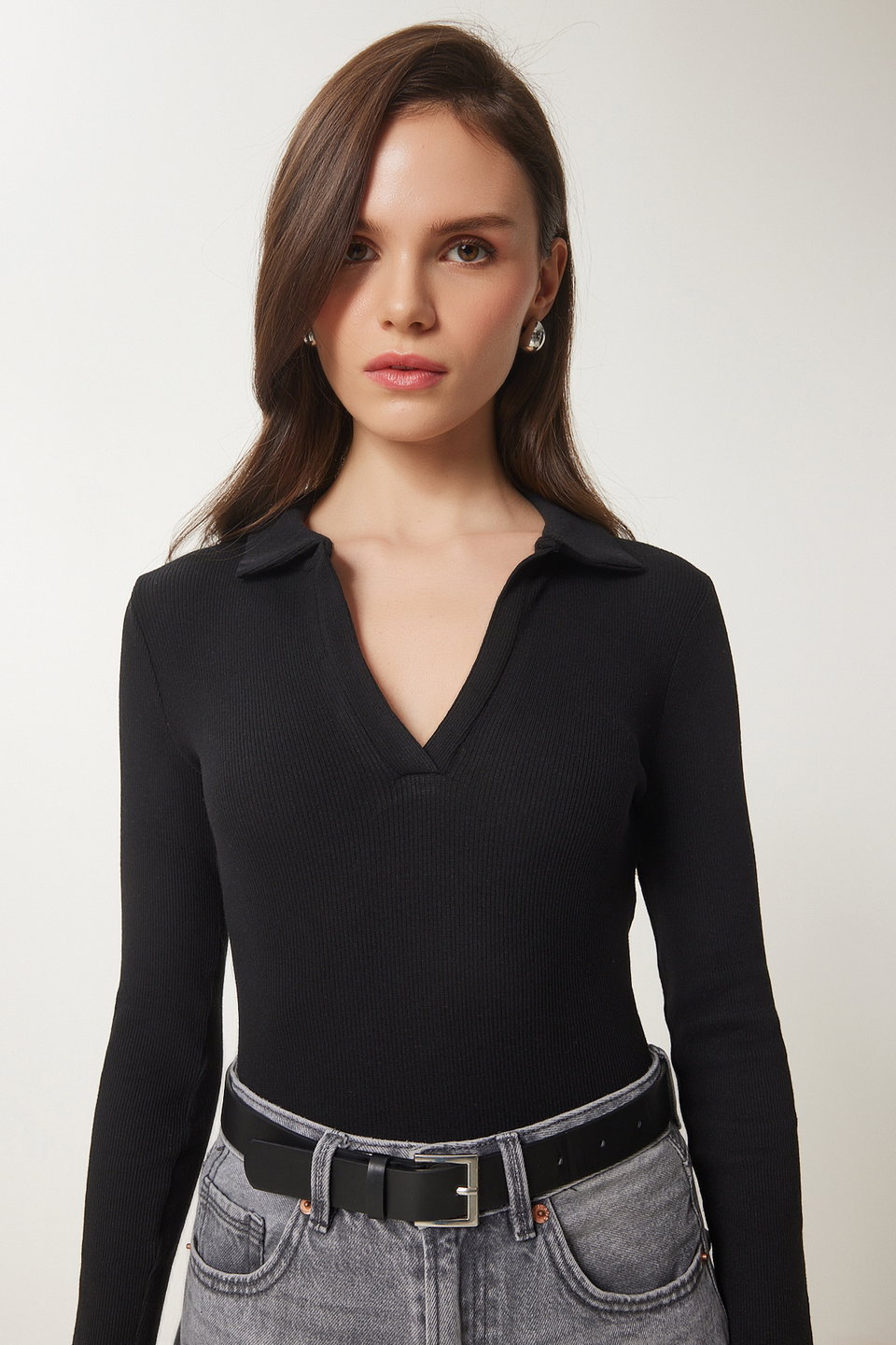 Women's Polo Neck Ribbed Knitted Blouse GT00111