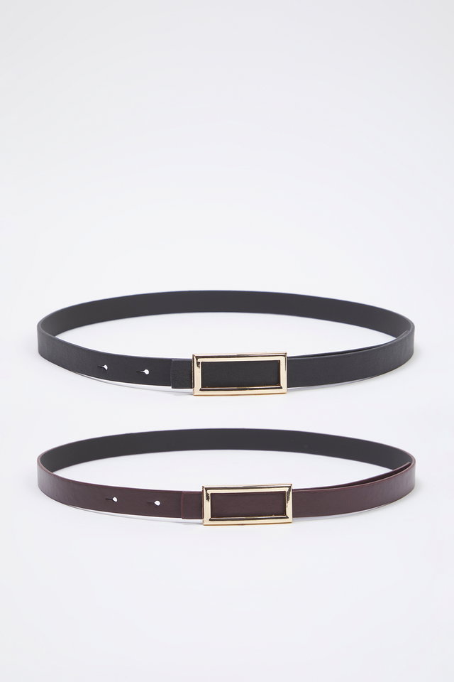 Black-Claret red - Black-Burgundy 2-Pack Leather Look Women's Belt TWOSS25KE00015