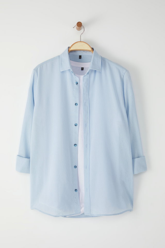 Light blue - White Regular Fit Linen Look Shirt with Wrinkled Effect and Epaulettes TMNSS23GO00061