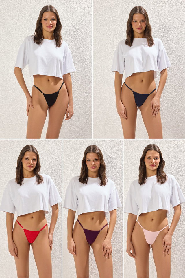 Very colorful - Multi-Color 5-Pack Adjustable Waist Cotton Thong Knitted Panties THMSS25KU00047