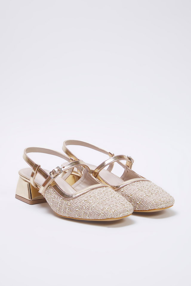 Beige - Black Tweed Square Toe Mary Jane Women's Block Heel Shoes TAXSS25TO00023