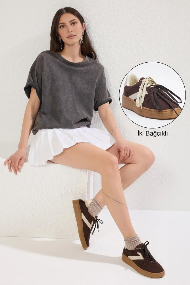 Dark brown - Beige Two Lace-Up Dual-Use Women Retro Sneakers Takss25Sn00009