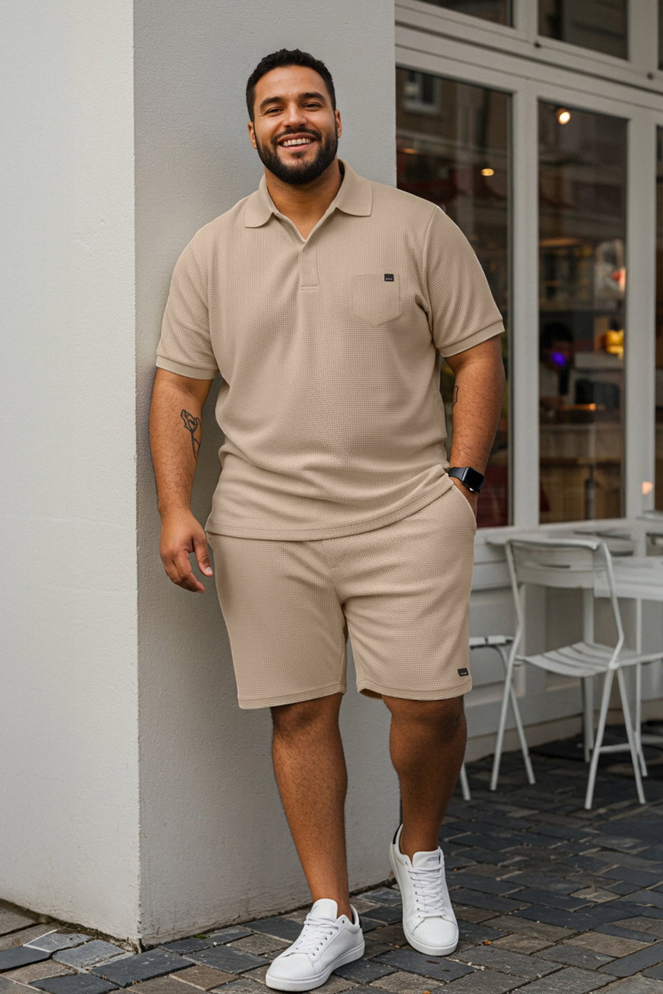 Camel Regular Cut Textured Polo Neck T-shirt-Shorts Plus Size Tracksuit TMNSS25TS00037