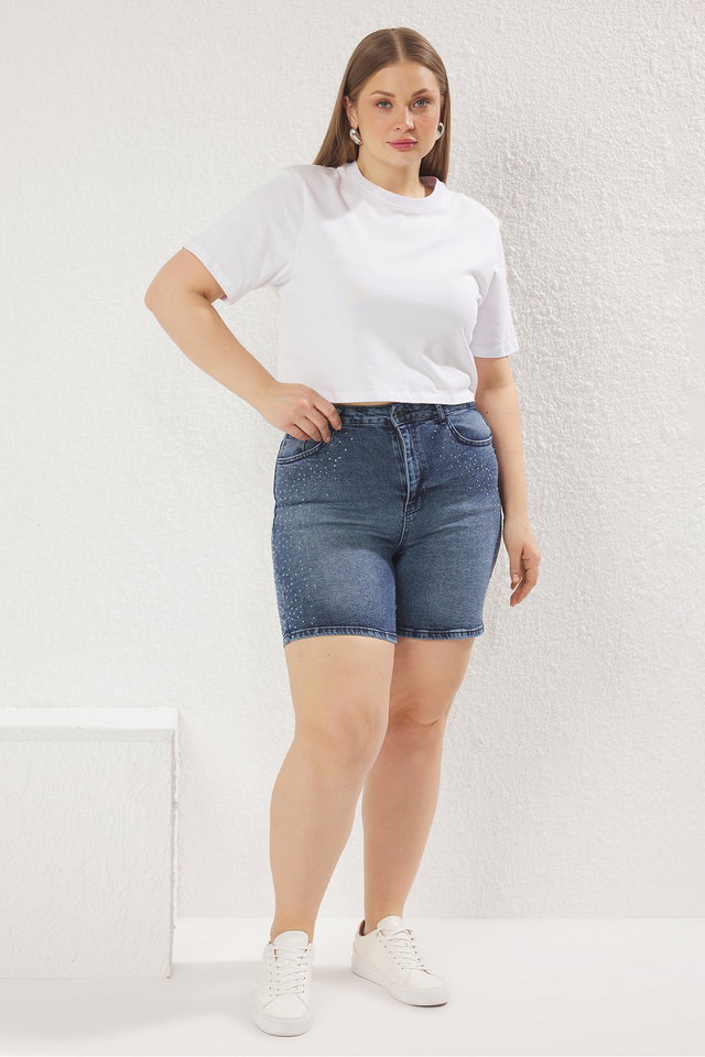 Blue - Blue High Waist Stoned Denim Plus Size Shorts TBBSS25AP00028