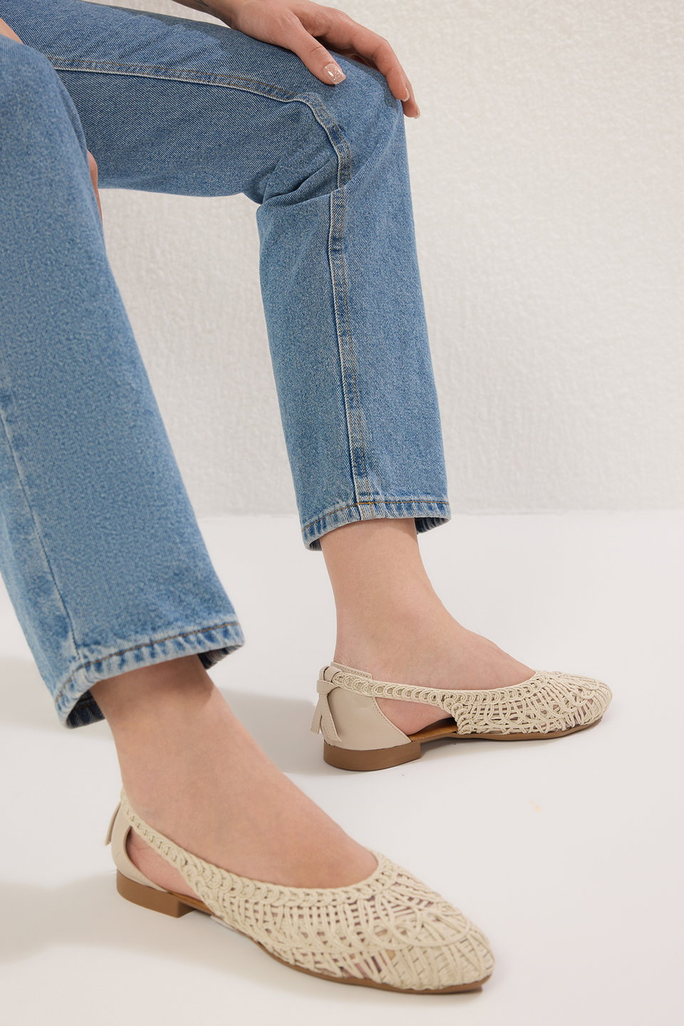 Knitted Patterned Almond Toe Women's Ballerinas TAXSS25BE00027