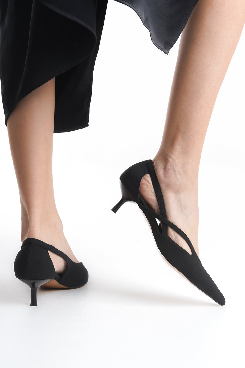 Cut Out Detailed Satin Pointed Toe Women's Kitten Heeled Shoes TAXSS25TO00079