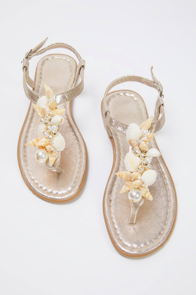 Gold - Golden Shell Pearl Detailed Flip Flop Women's Stylish Sandals TAXSS25SD00008