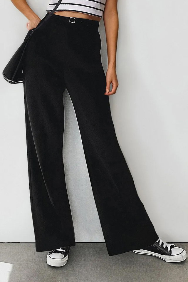 Black - Black High Waist Wide Leg Pleated Woven Fabric Trousers TWOAW21PL0076