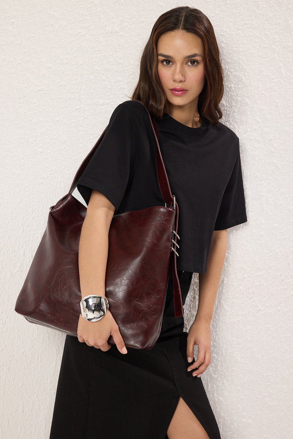 Wrinkled Faux Leather Belt Buckle Pouch Women's Shoulder Bag TAXSS25OC00029