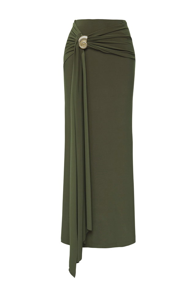 Khaki - Limited Edition White Body Fitted Knitted Long Skirt with Accessory Detail Tprss25Et00004