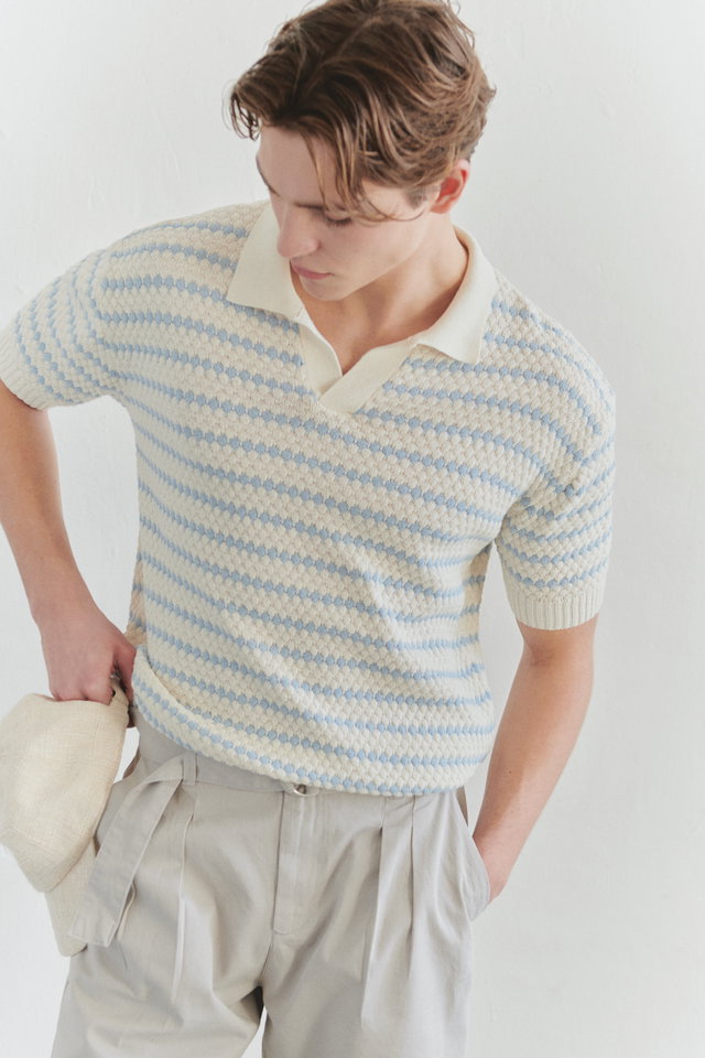 Ecru - Ecru Regular Striped Textured Knitwear Polo Neck T-shirt TMNSS25PO00007