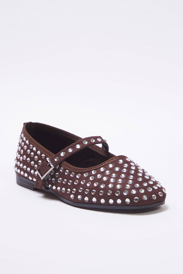 Brown - Black Stone Suede Almond Toe Mary Jane Women's Ballerina TAXSS25BE00014