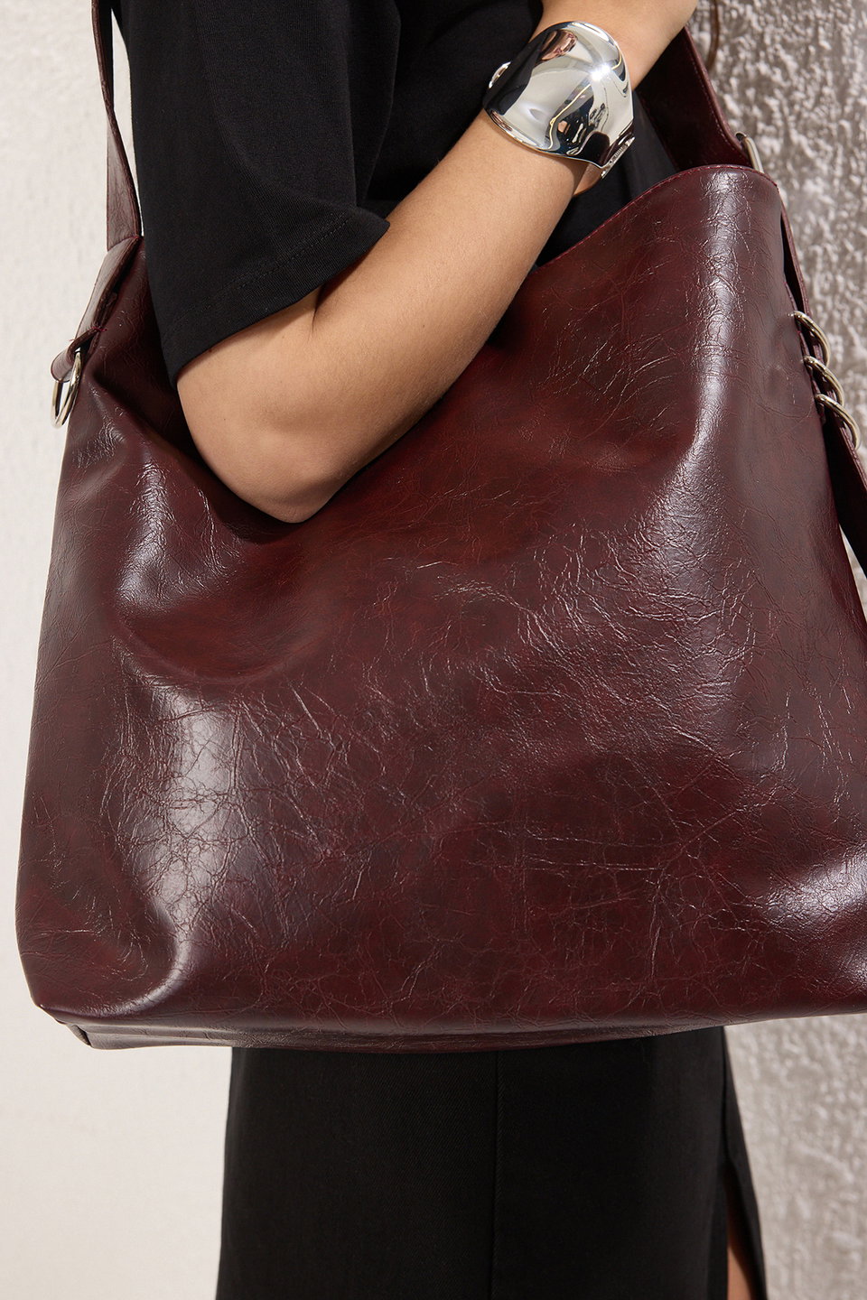 Wrinkled Faux Leather Belt Buckle Pouch Women's Shoulder Bag TAXSS25OC00029