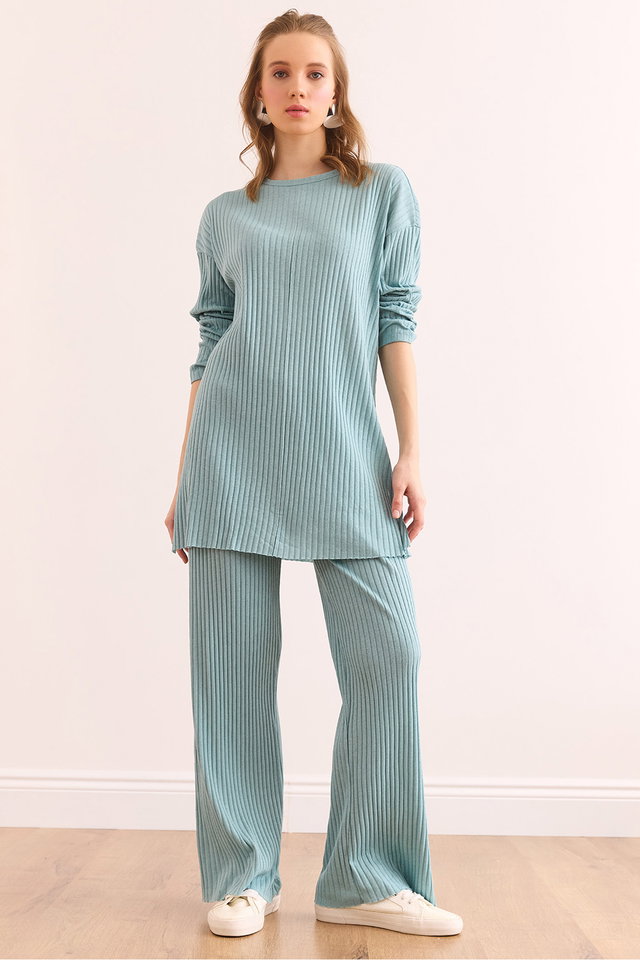 Mint Green - Women's Stone Top Slit Blouse Bottom Palazzo Corduroy Suit TKM-19000180