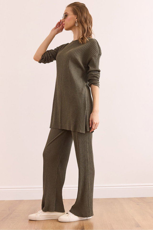 Khaki - Women's Stone Top Slit Blouse Bottom Palazzo Corduroy Suit TKM-19000180